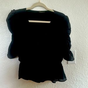 Black chiffon like crepe blouse with 3/4 length sleeves with ruching